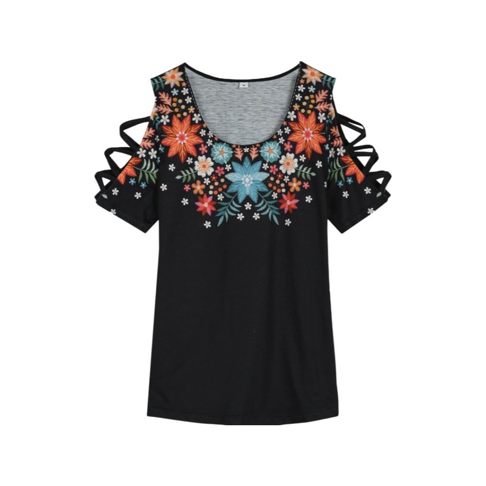 🆕 Capatee Plus-Size Floral Print Caged Short Sleeve Black Top  XXL Style#649665